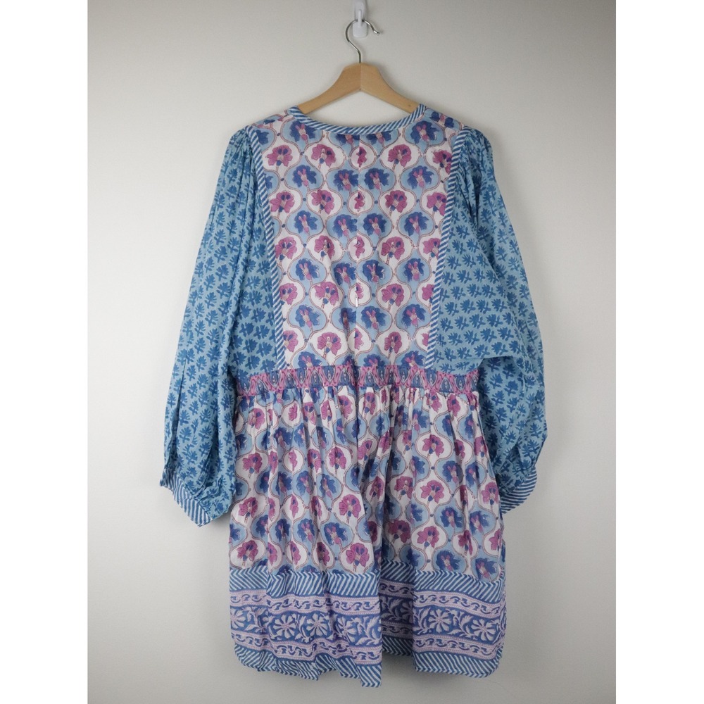 NWT Oliphant Tuckernuck Tie Front Balloon Mini Dress Iris Blue Block Print Large - Picture 3 of 10